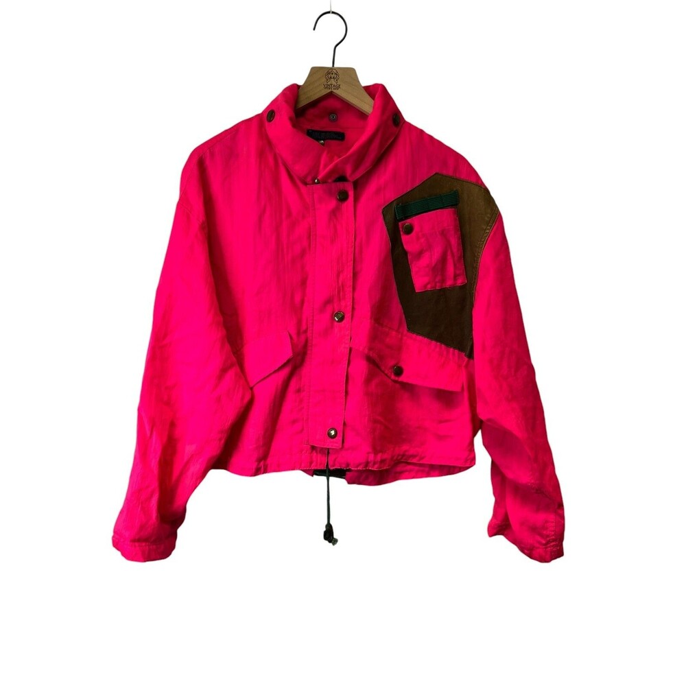 Vintage 90s NEON PINK Full Zip Ski Jacket Shell Retractable Hood Unisex Medium